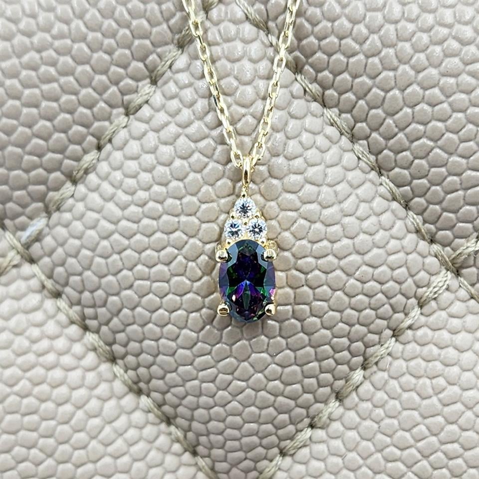 FasekGoldGÜMÜŞ925 Ayar Gümüş Kolye -1.3Ct Mistik Topaz Aleksantrıt  Oval Taşlı Pırlanta Montürü  Nano Has Taşlı Gümüş Kolye-Hediye 925 Ayar Gümüş Kolye