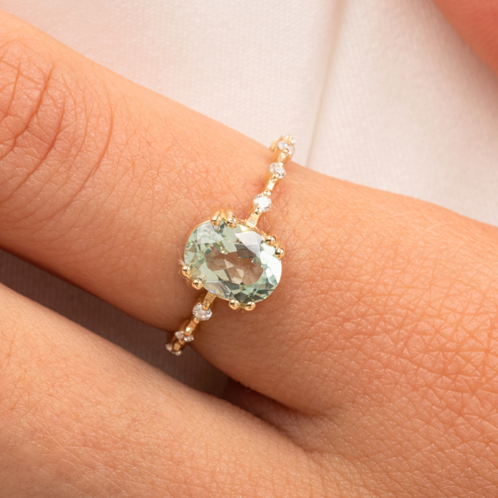 FasekGoldPIRLANTA YÜZÜKLERAltın Yüzük - 0.12 Karat Pırlanta Taşlı 0.95 Karat Su Yeşili 14 Ayar Altın Evlilik Teklifi Yüzüğü