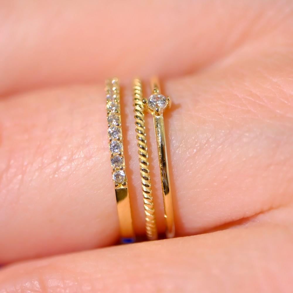 FasekGoldYÜZÜKLERAltın Yüzük - 14 Ayar Altın Üç Sıra Swarovski Taşlı Kombin Yüzük - Tektaş, Alyans, Yarım Tur Yüzük