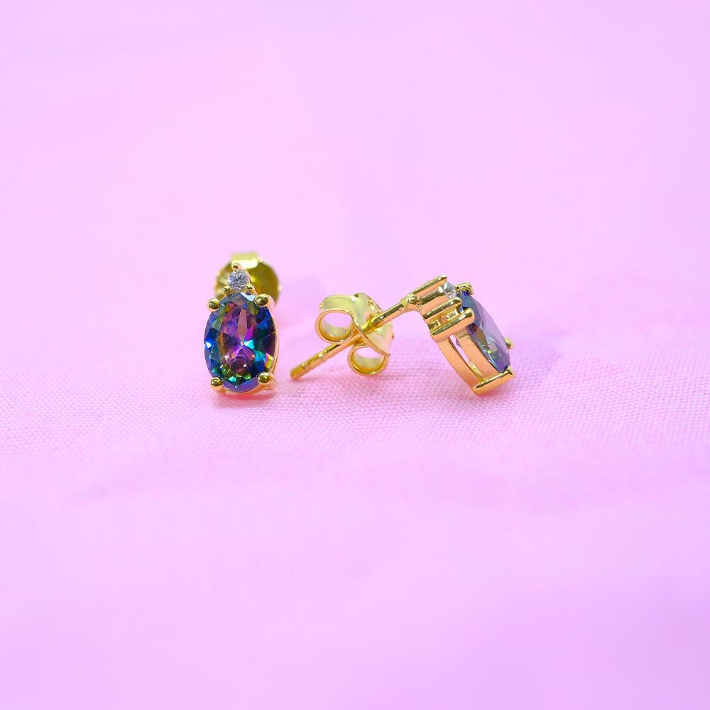 FasekGoldGÜMÜŞGümüş Küpe - 1.10 Karat Mistik Topaz Oval Taşlı 925 Ayar Gümüş Küpe