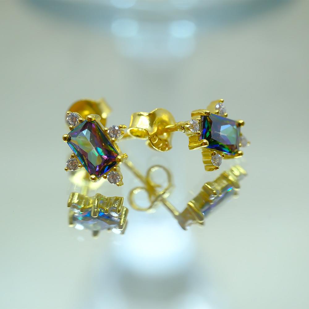 FasekGoldGÜMÜŞGümüş Küpe - Octagon Kesim Mistik Topaz Taşlı 0.95 Karat Pırlanta Montürü 925 Ayar Gümüş Küpe