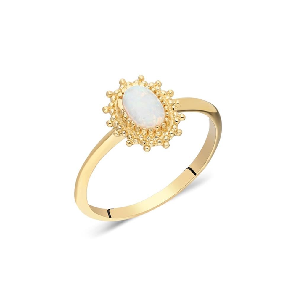 FasekGoldYÜZÜKLERTektaş Altın Yüzük - 14 Ayar Altın Oval Çiçek Desenli Opal Taşlı Minimal Tek Taş Yüzük - Eşe Yüzük