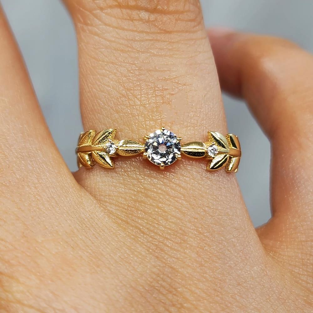 FasekGoldYÜZÜKLERTria Altın Yüzük - 14 Ayar Altın Başak Swarovski Taşlı Tek Taş Yüzük - Anneler Gününe Hediye Yüzük