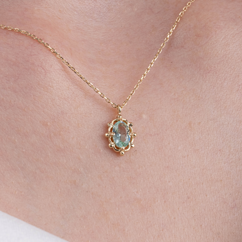 FasekGoldGÜMÜŞVintage Tasarım Green Topaz (Su Yeşili) Taşlı 925 Ayar Gümüş Kolye