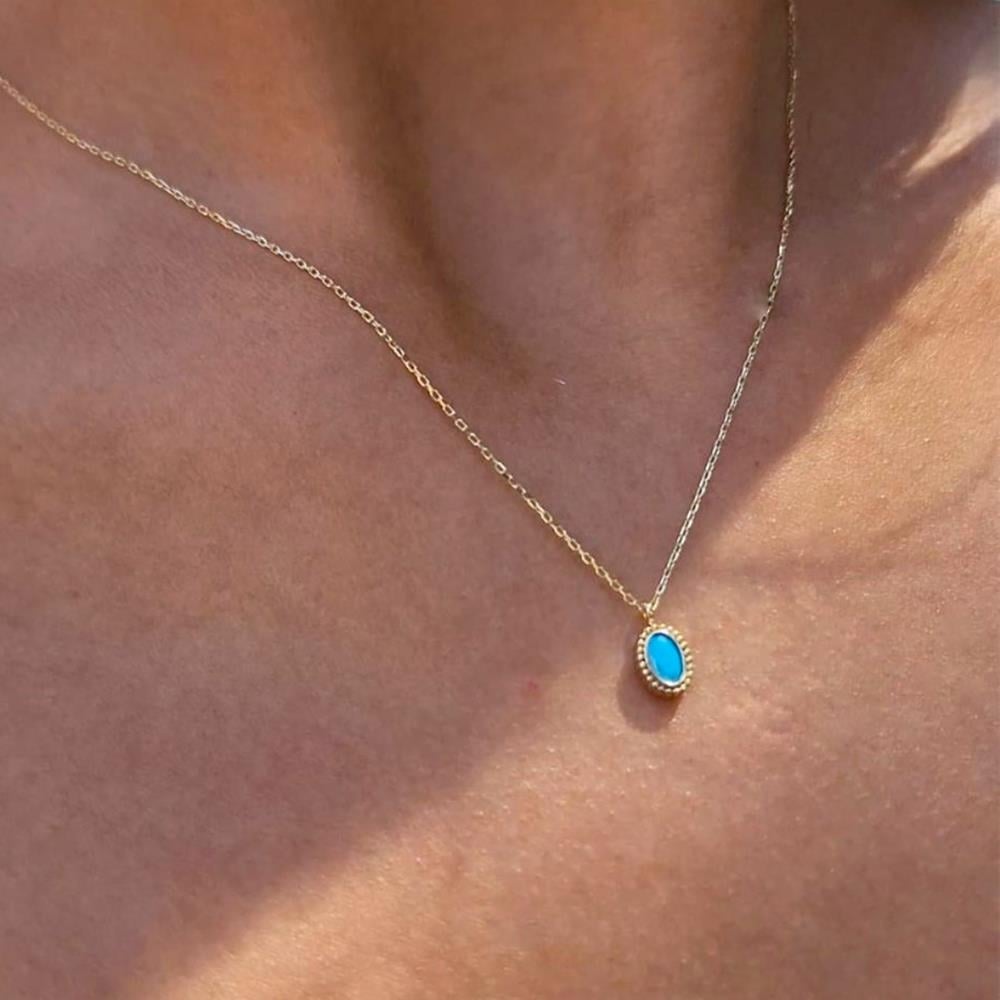 0.90CT Turkuaz (Firuze)Taşlı Güverseli Sade Minimal Tasarım Hediye 14 Ayar Altın Kolye-Taşlı Kolye