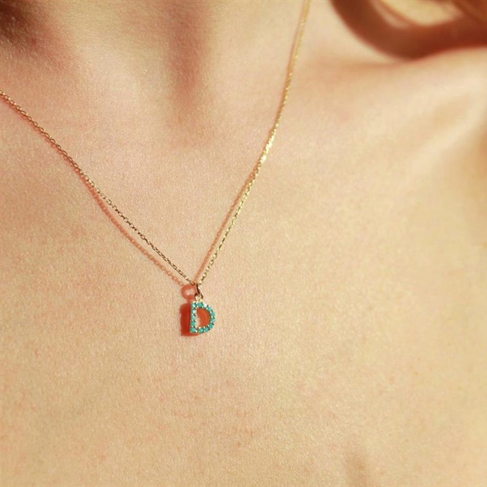14 Ayar Altın Harf Kolye-0.18 Ct Pırlanta Harf Firuze Taşlı Modern Kolye-14 Ayar Hediye Altın Kolye
