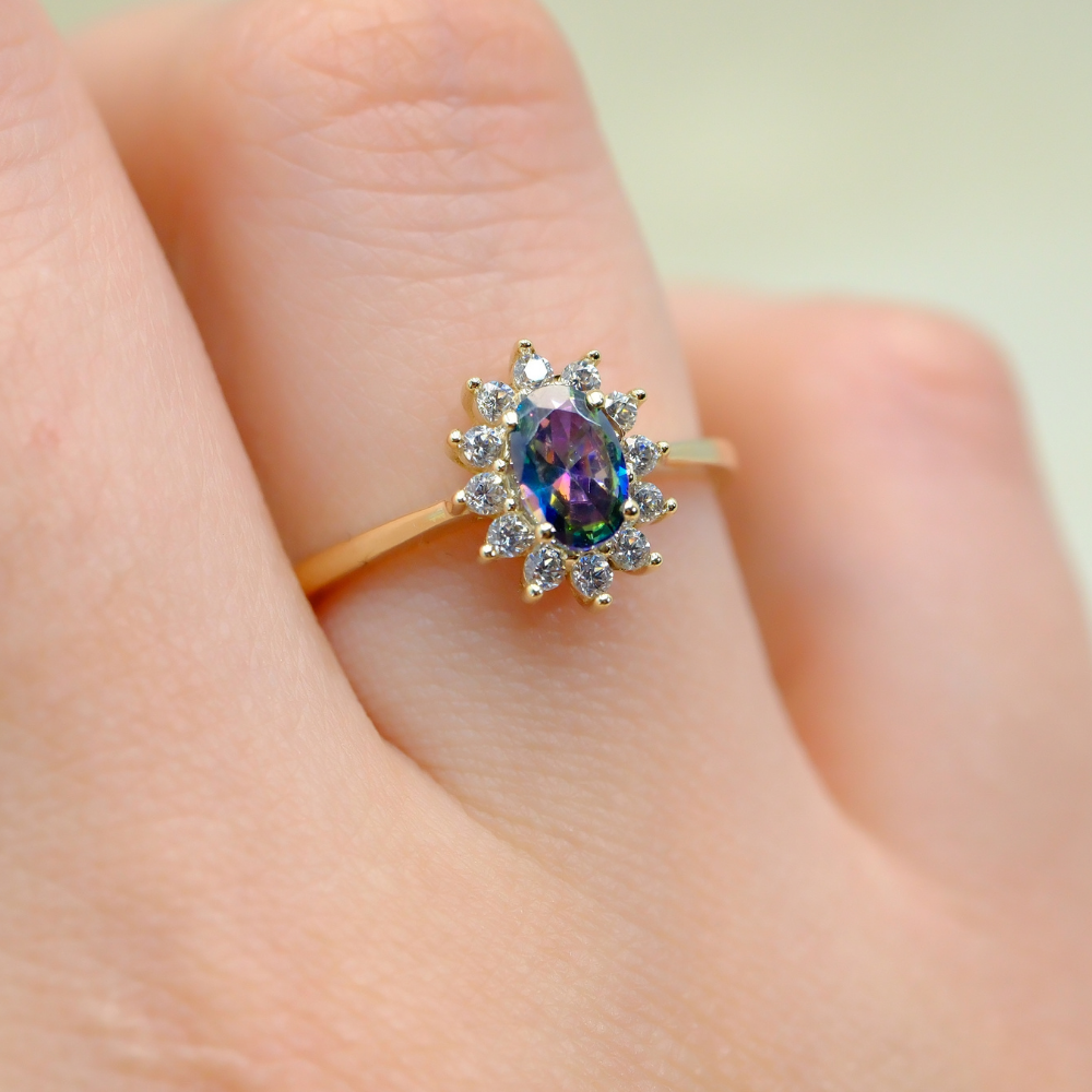 FasekGoldYÜZÜKLER1,05CTAleksandrit 0.30CT Pırlanta(Signty)Taşlı Anturajlı Vintage Tasarım Modern 14 Ayar Altın Yüzük