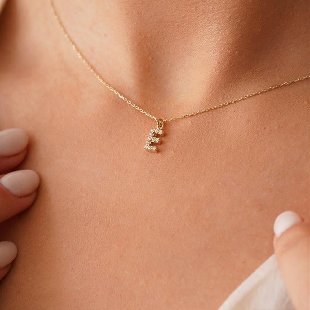 FasekGoldGÜMÜŞ925 Ayar Gümüş Harf Kolye-0.18 Ct Pırlanta Harf Saworosky Taşlı Modern Kolye-925  Ayar Hediye Gümüş Kolye