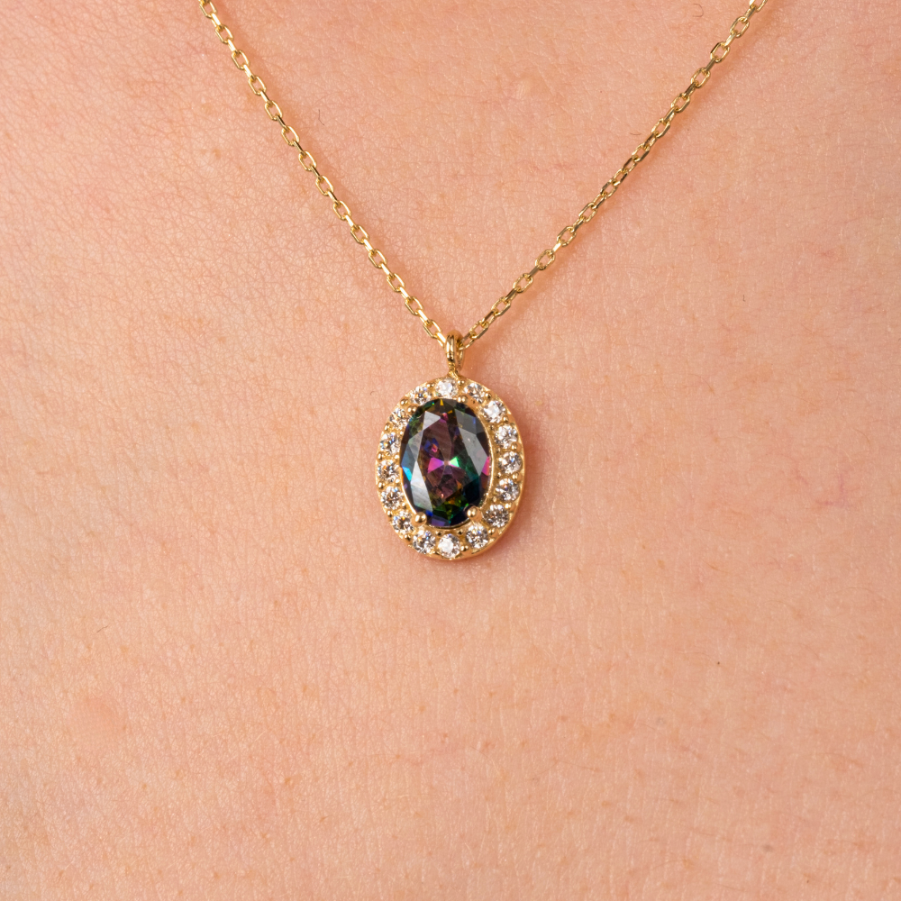 FasekGoldKOLYELERAltın Kolye - Oval Mistik Topaz Taşlı Vintage Tasarım 14 Ayar Altın Kolye