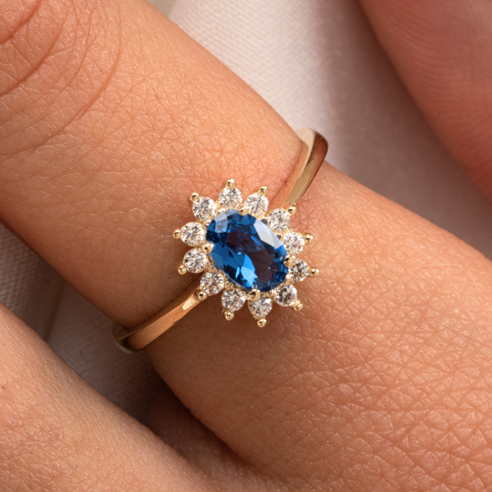 FasekGoldYÜZÜKLERAltın Yüzük - 1.05 Karat Safir Topaz 0.30 Karat Pırlanta (Signty) Taşlı Vintage 14 Ayar Altın Yüzük