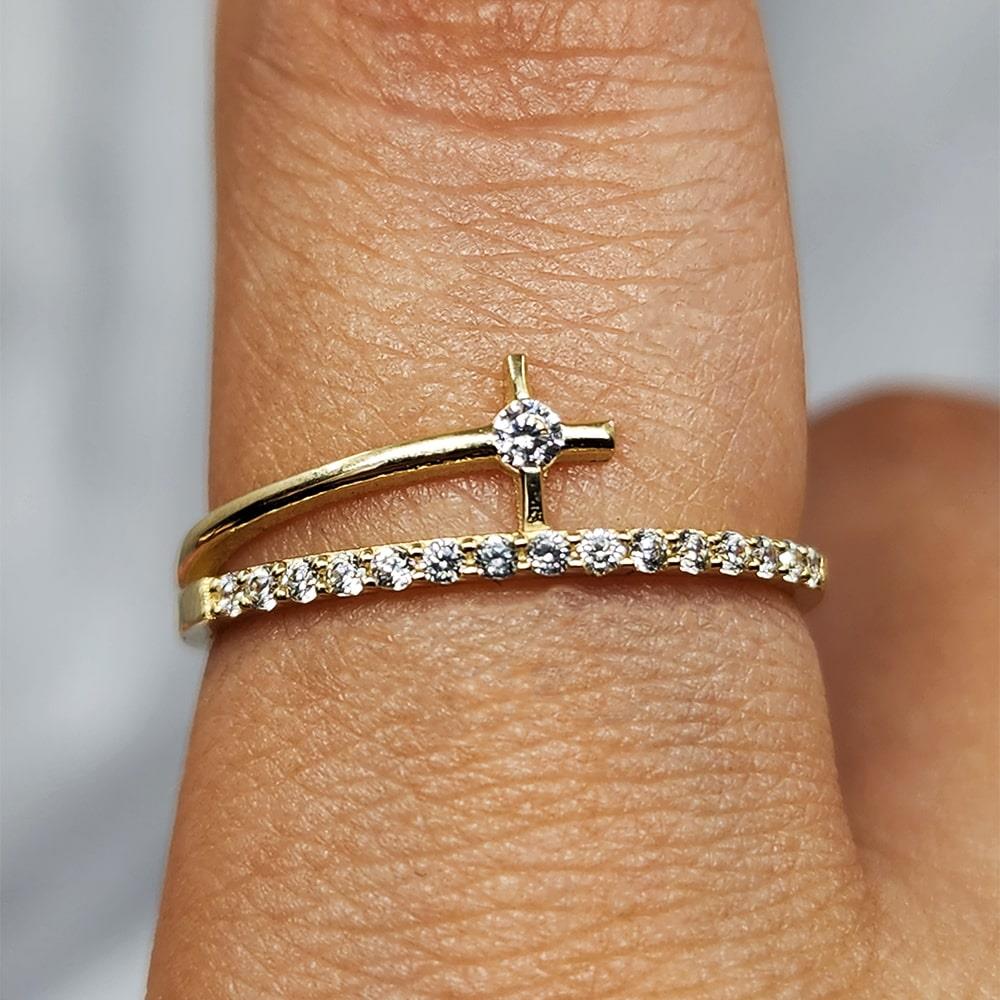 FasekGoldYÜZÜKLERAltın Yüzük - 14 Ayar Altın Fantezi Swarovski Taşlı Minimal Yüzük - Yarım Tur Altın Yüzük