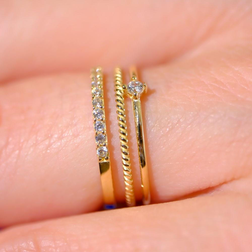 FasekGoldYÜZÜKLERAltın Yüzük - 14 Ayar Altın Üç Sıra Swarovski Taşlı Kombin Yüzük - Tektaş, Alyans, Yarım Tur Yüzük
