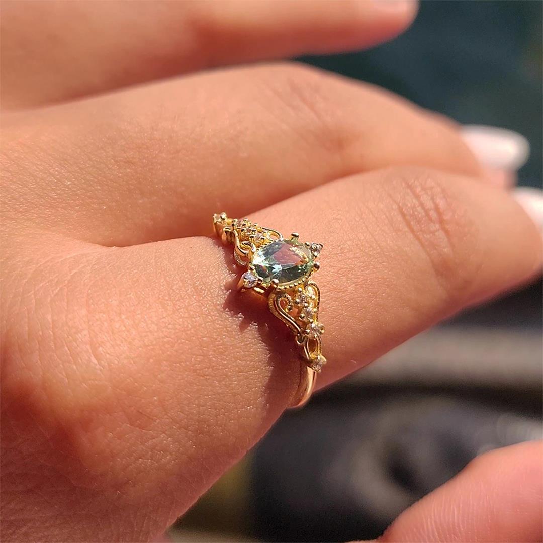 FasekGoldYÜZÜKLEREvlilik Teklifi Altın Yüzük - 0.50 Karat Fox Love Oval Su Yeşili Taşlı Prenses 14 Ayar Altın Yüzük