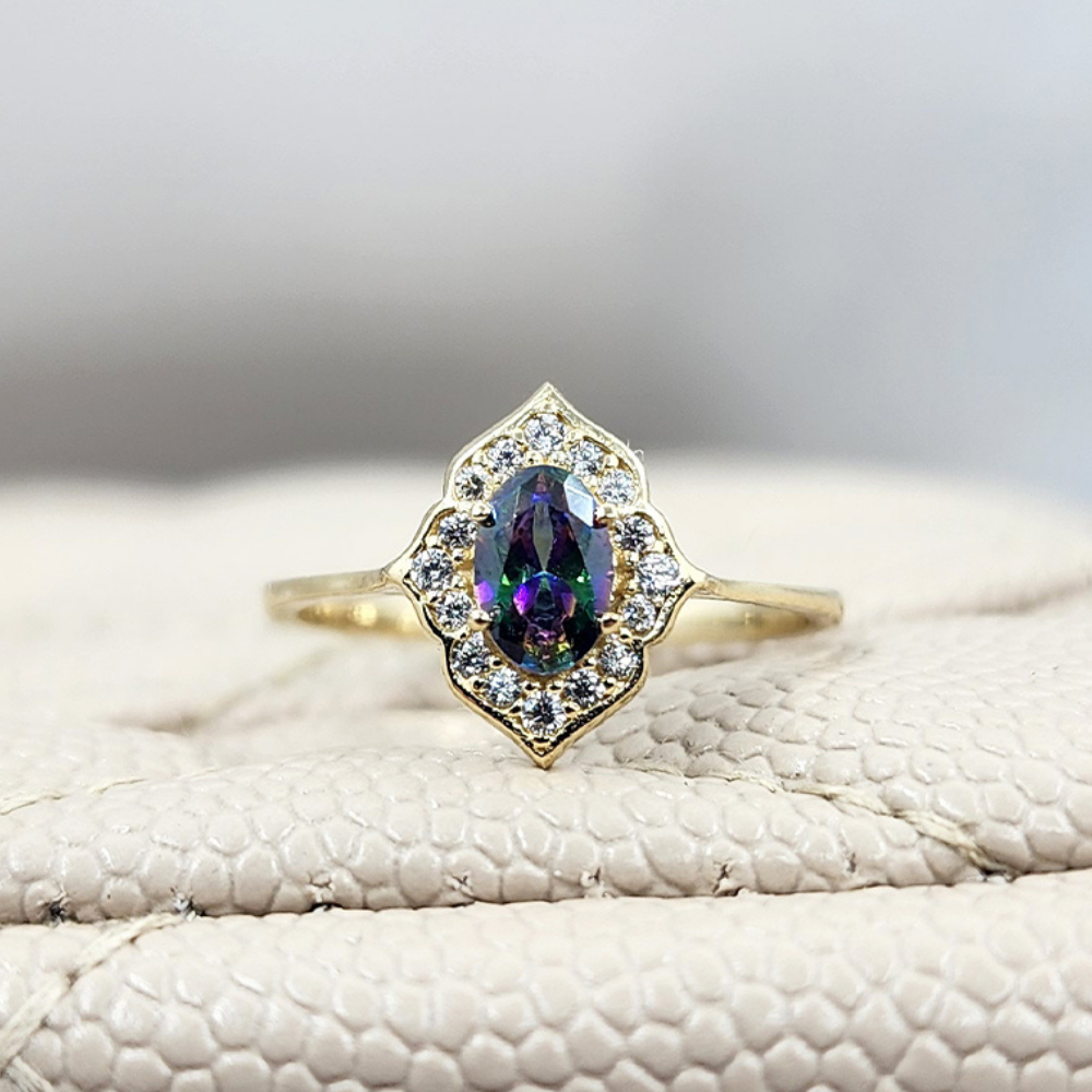 FasekGoldYÜZÜKLEREvlilik Teklifi Altın Yüzük - 14 Ayar Altın Vintage Oval Mistik Topaz Taşlı Evlilik Teklifi Yüzüğü