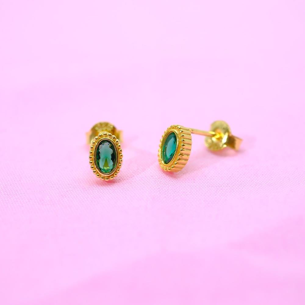 FasekGoldGÜMÜŞKadın 0.50 Karat Zümrüt Taşlı Sade Minimal Tasarım 925 Ayar Gümüş Küpe