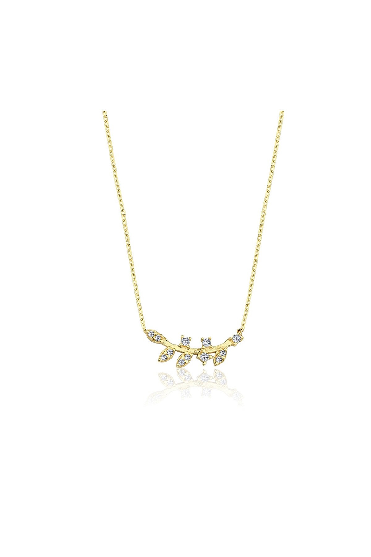Pırlanta (Swarovski) Taşlı Yapraklı Dal 14 Ayar Altın Kolye