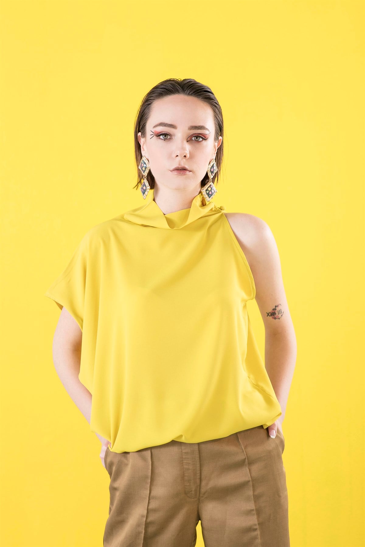 Amaze Bluz Sarı, bluz, sarı bluz, tek omuz bluz