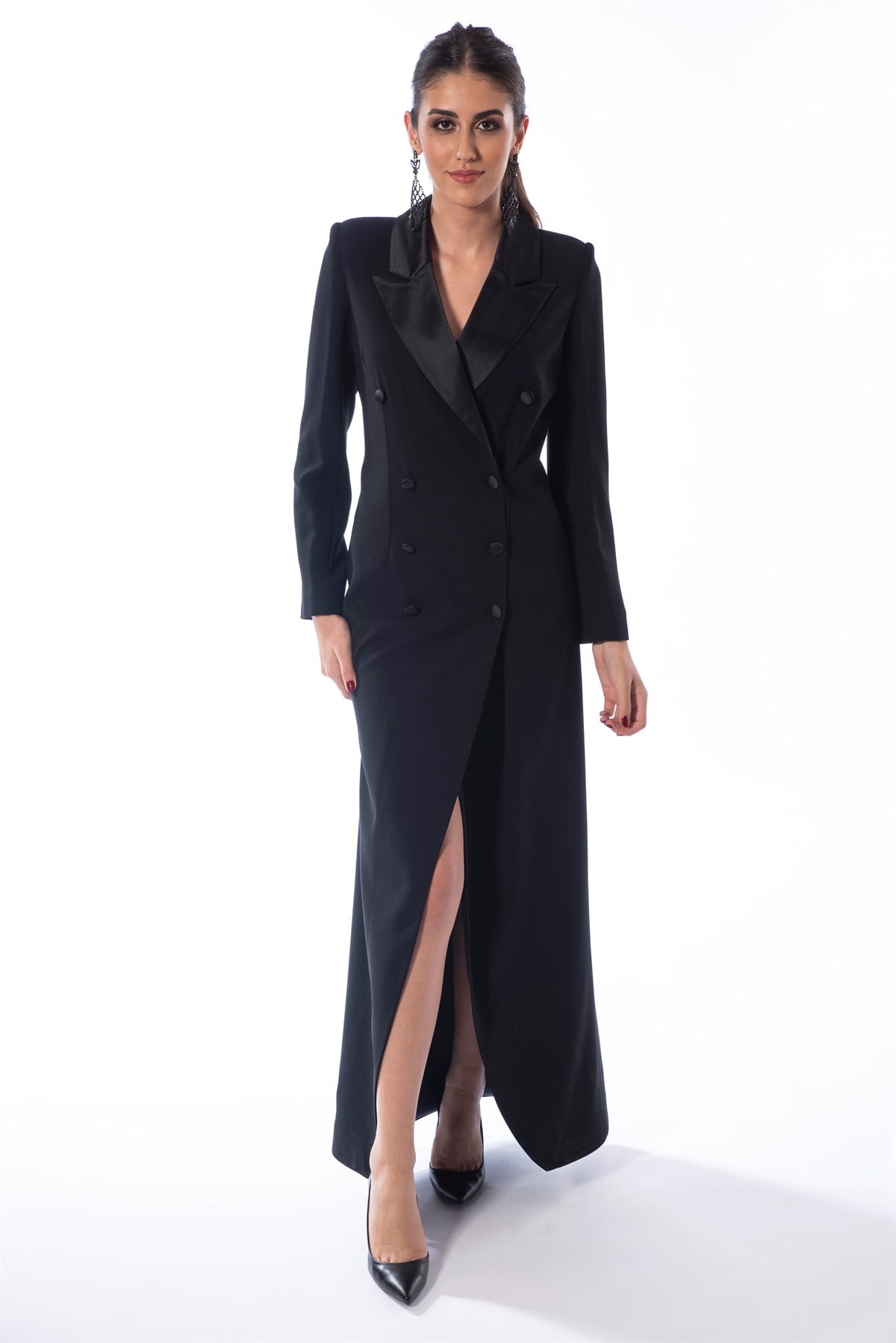 Massive Elbise Siyah, ceket elbise, uzun elbise, uzun ceket elbise, abiye elbise