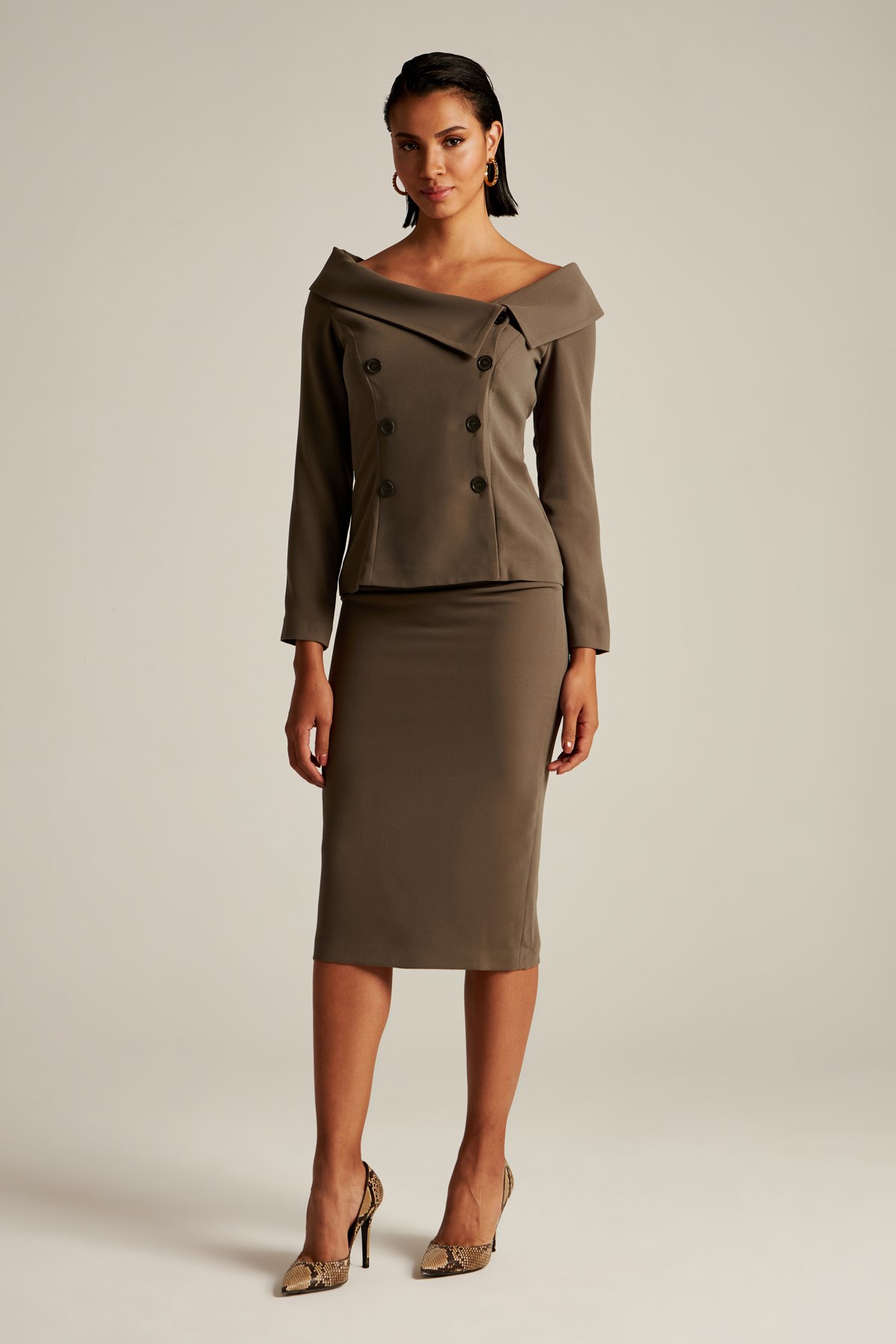 Asya Skirt Khaki High rise midi crepe skirt I Skirts I Modalogy