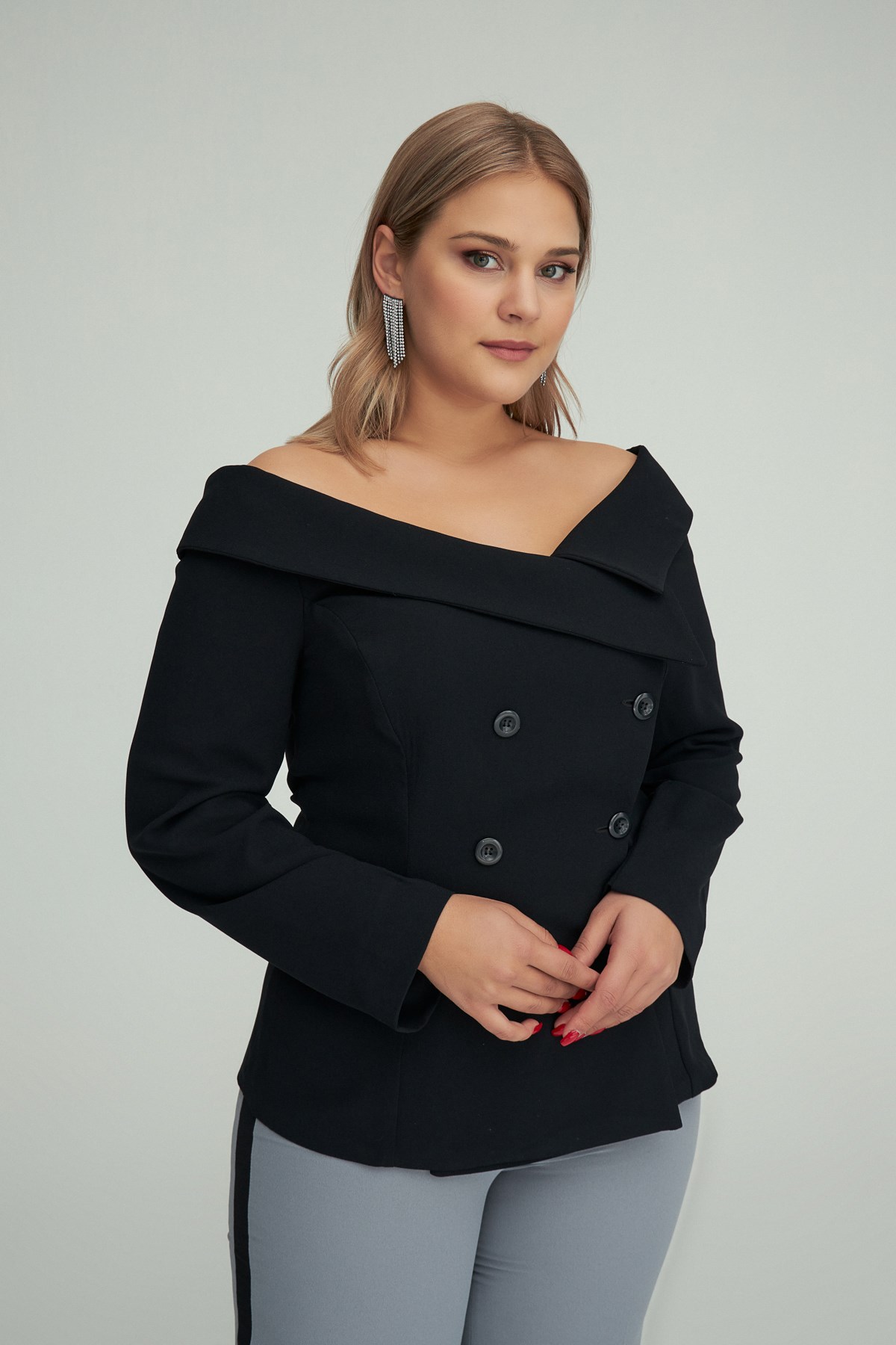 Tiffany Ceket Siyah - düğmeli omuz dekolteli ceket | Ceket | Modalogy