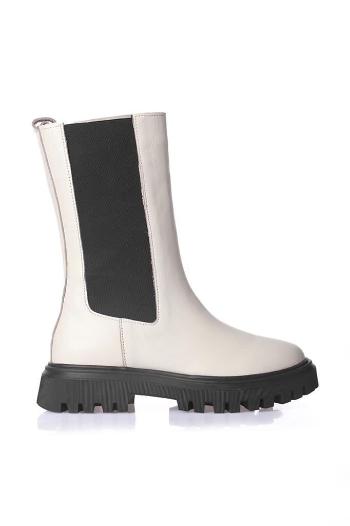 Lastik Detaylı Gerçek Hakiki Deri Bej Renk Kadın Bot