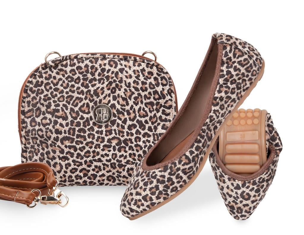 Rollbab Hera Leopar Kadın Katlanabilir Babet Ayakkabı Çanta Set