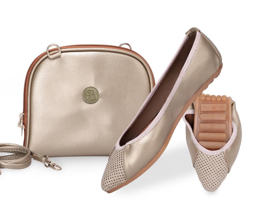 Rollbab Venus Bronz Kadın Katlanabilir Babet Ayakkabı ve Büyüyebilen Çanta Set