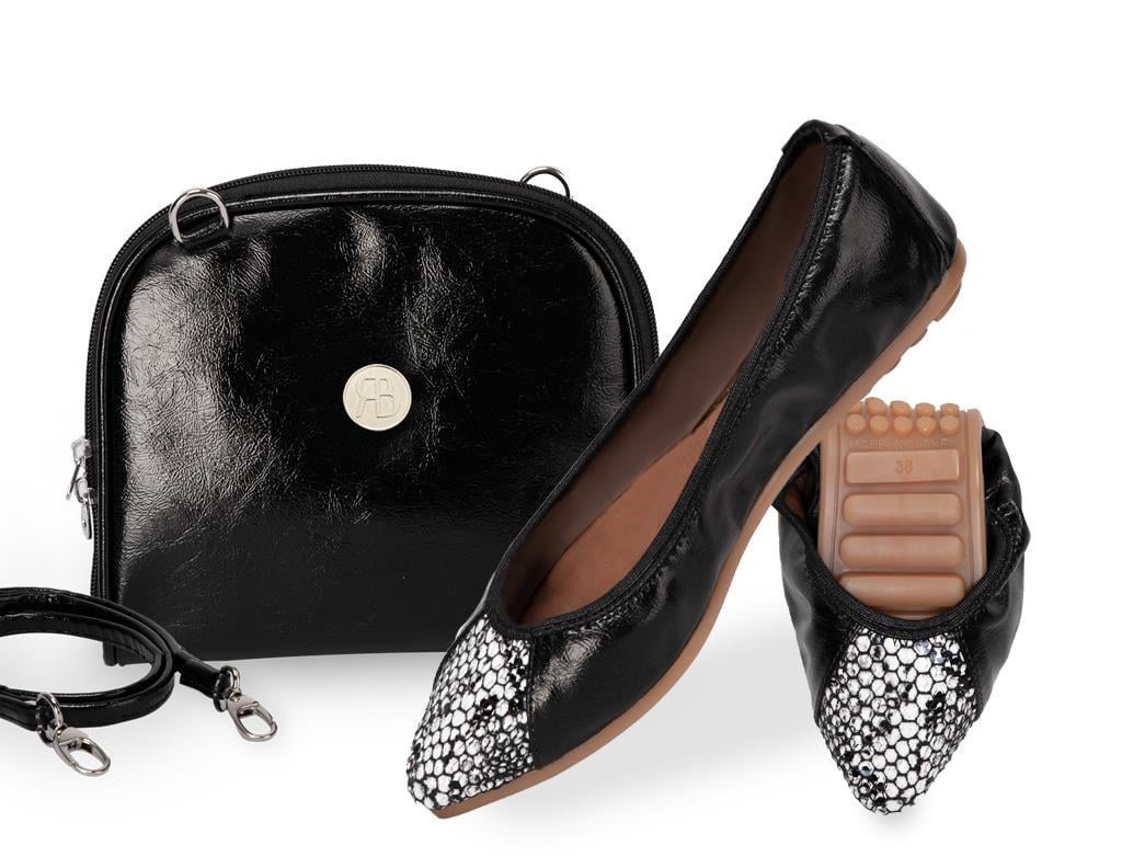 Rollbab Venus Siyah Parlak Yılan Kadın Babet Ayakkabı Çanta Set