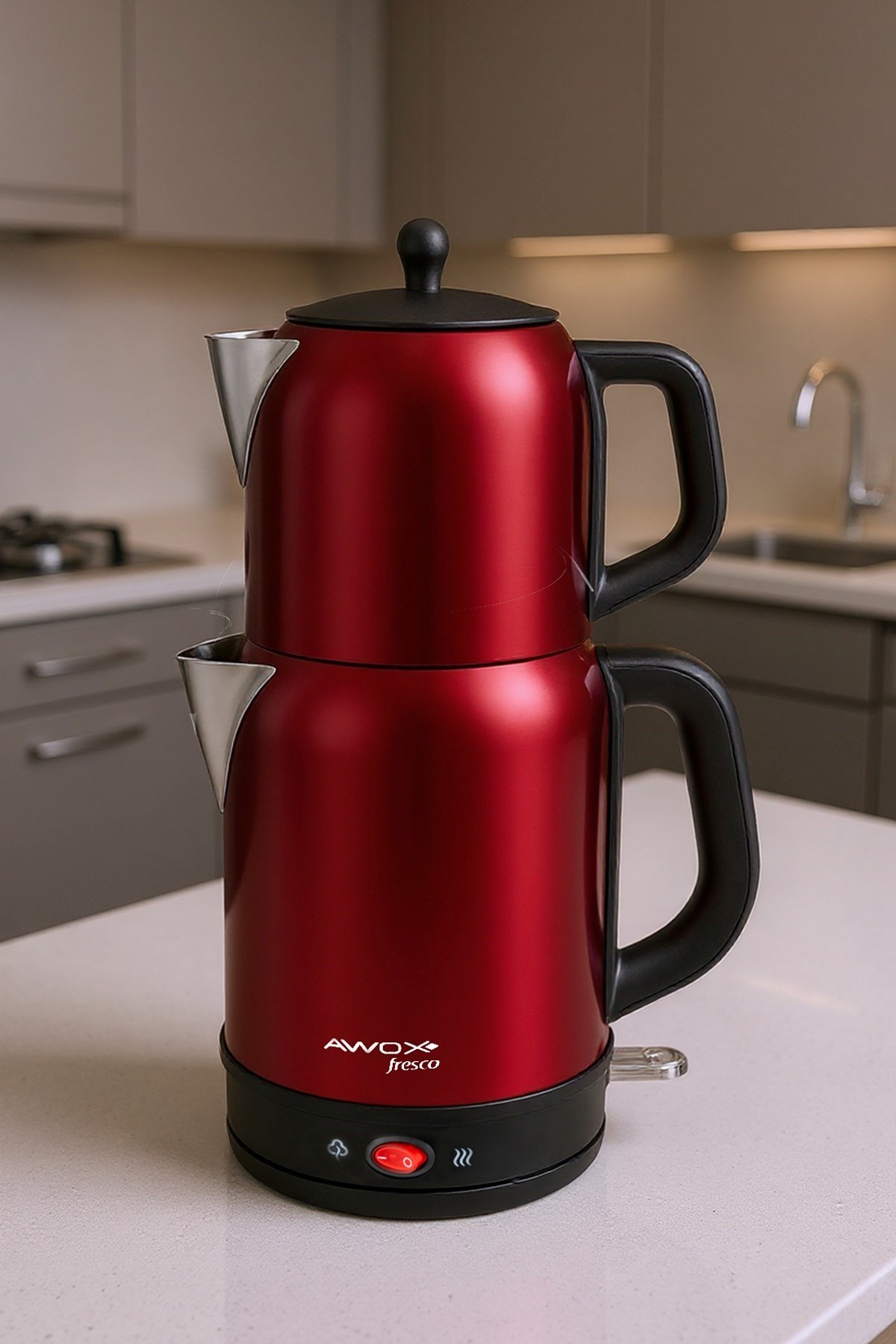 Awox Fresco 2si 1 Arada Paslanmaz Çelik Çay Makinesi & Su Isıtıcı Kettle Kırmızı