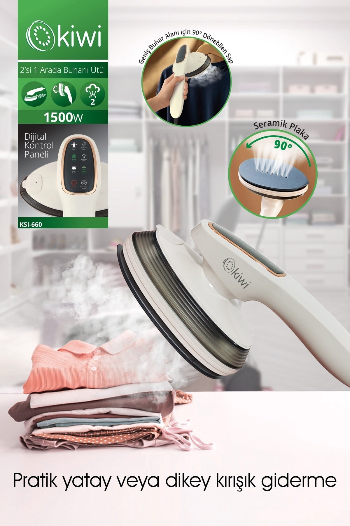 Kiwi KSI-660 Buharlı Ütü 2si 1 Arada 1500W Güçlü LED Ekranlı 90° Dönebilen Saplı Krem