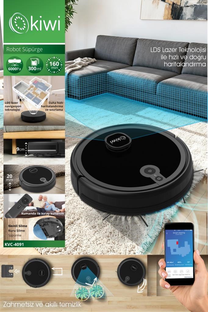 Kiwi KVC-4091 Akıllı Robot Süpürge