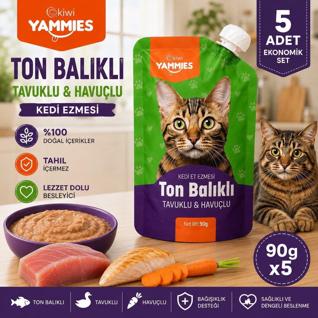 Kiwi Pets Kycc-50372 Yammies Ton Balıklı  Tavuklu Havuçlu Kedi Ezmesi 90 Gr*5 Adet