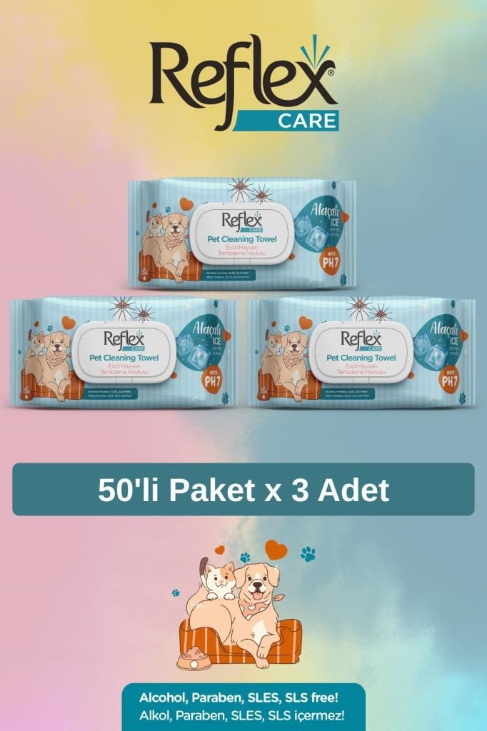 REFLEX Care Alaçatı Ice Kokulu Kedi ve Köpekler için Çok Amaçlı Temizleme Mendili 50'li X 3 Adet