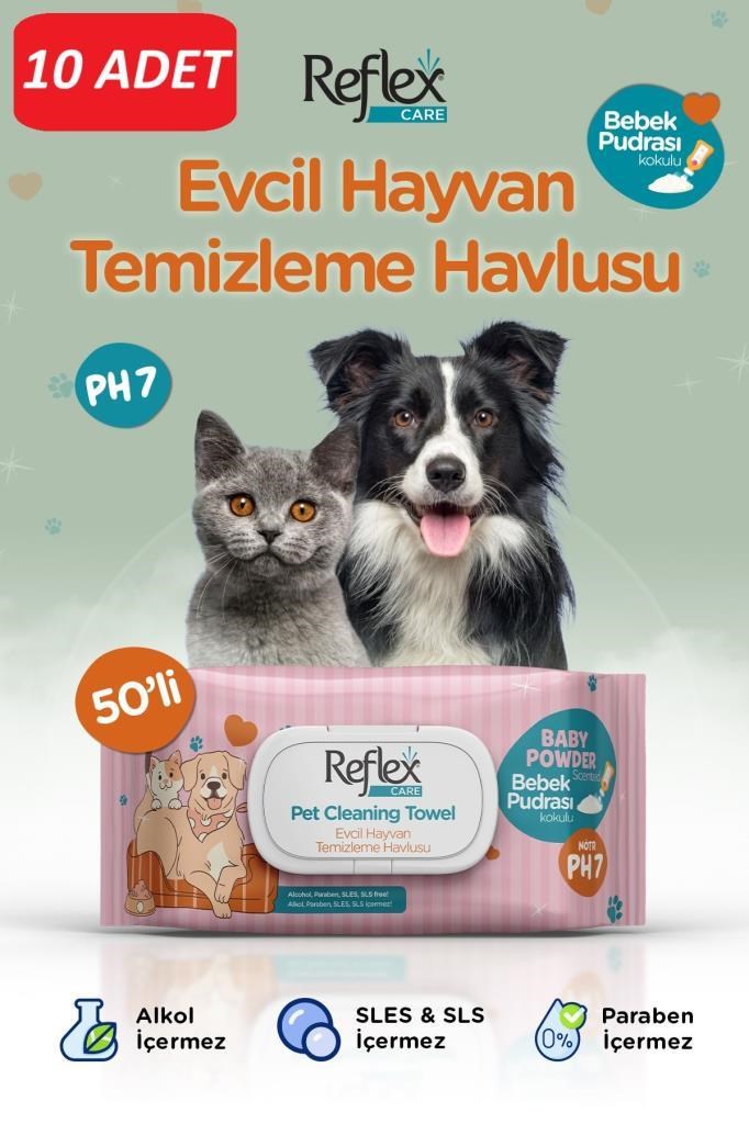 Reflex Care Evcil Hayvanlar İçin Çok Amaçlı Hijyenik Temizleme Havlusu 50’li – Bebek Pudrası Kokulu 10 PAKET