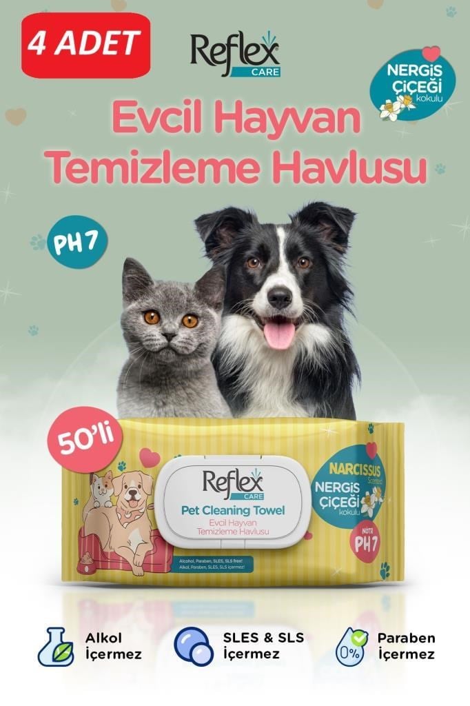 REFLEX CARE EVCİL HAYVANLAR İÇİN ÇOK AMAÇLI HİJYENİK TEMİZLEME HAVLUSU 50'Lİ - NERGİS ÇİÇEĞİ KOKULU*4 PAKET