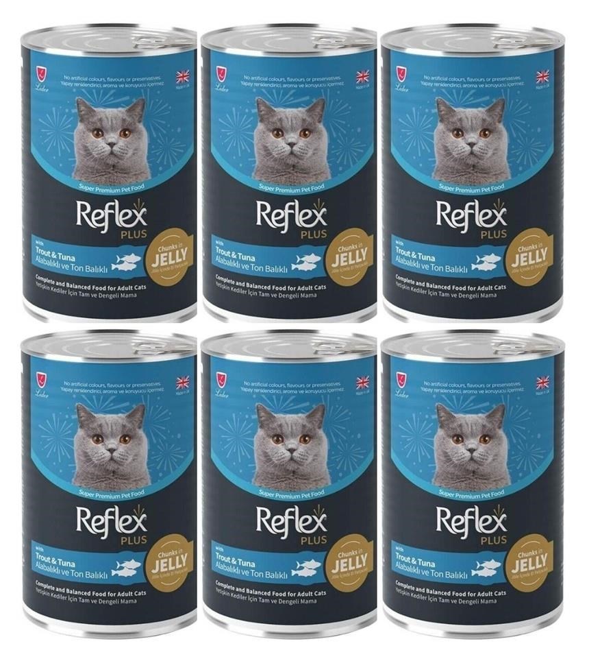 Reflex Plus Jöle İçinde Et Parçacıklı Alabalıklı ve Ton Balıklı Yetişkin Kedi Konservesi 400 Gr*6 ADET 