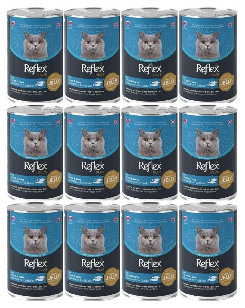 Reflex Plus Jöle İçinde Et Parçacıklı Alabalıklı ve Ton Balıklı Yetişkin Kedi Konservesi 400 Gr*12 ADET