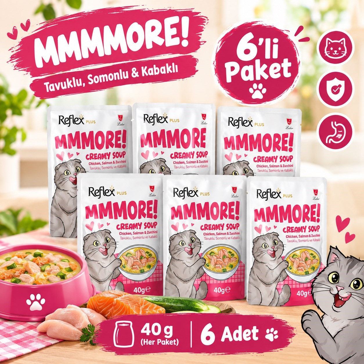 Reflex Plus Mmore Tavuklu,Somonlu ve Kabaklı Kremalı Kedi Çorbası 40 Gr*6lı SET