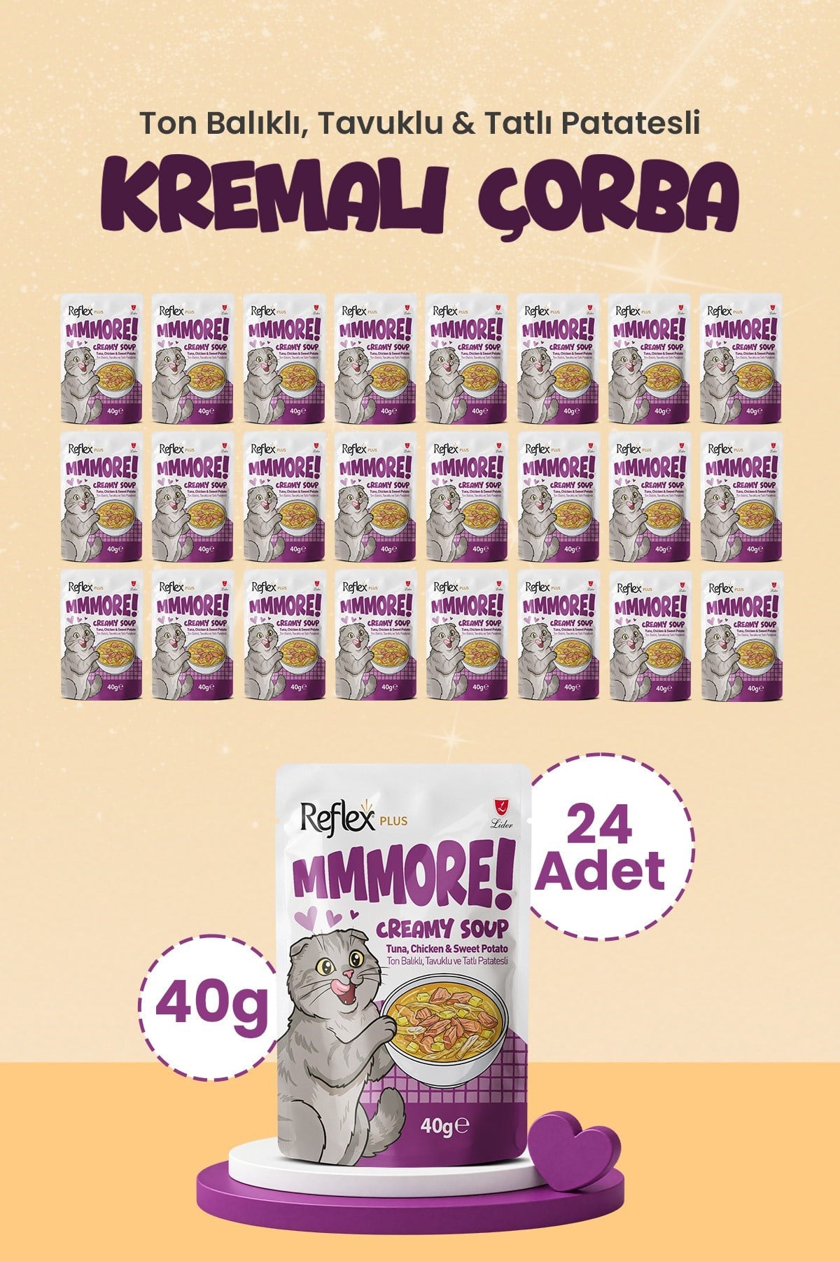 Reflex Plus Mmore Ton Balıklı Tavuklu ve Tatlı Patatesli Kremalı Kedi Çorbası 40 Gr*24lü SET
