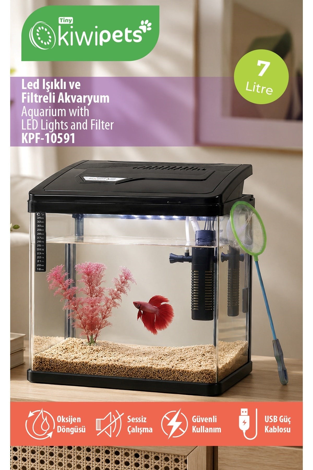 Tiny Kiwipets KPF-10591 LED Işıklı Akvaryum Filtreli USB Aydınlatma Kompakt Tasarım