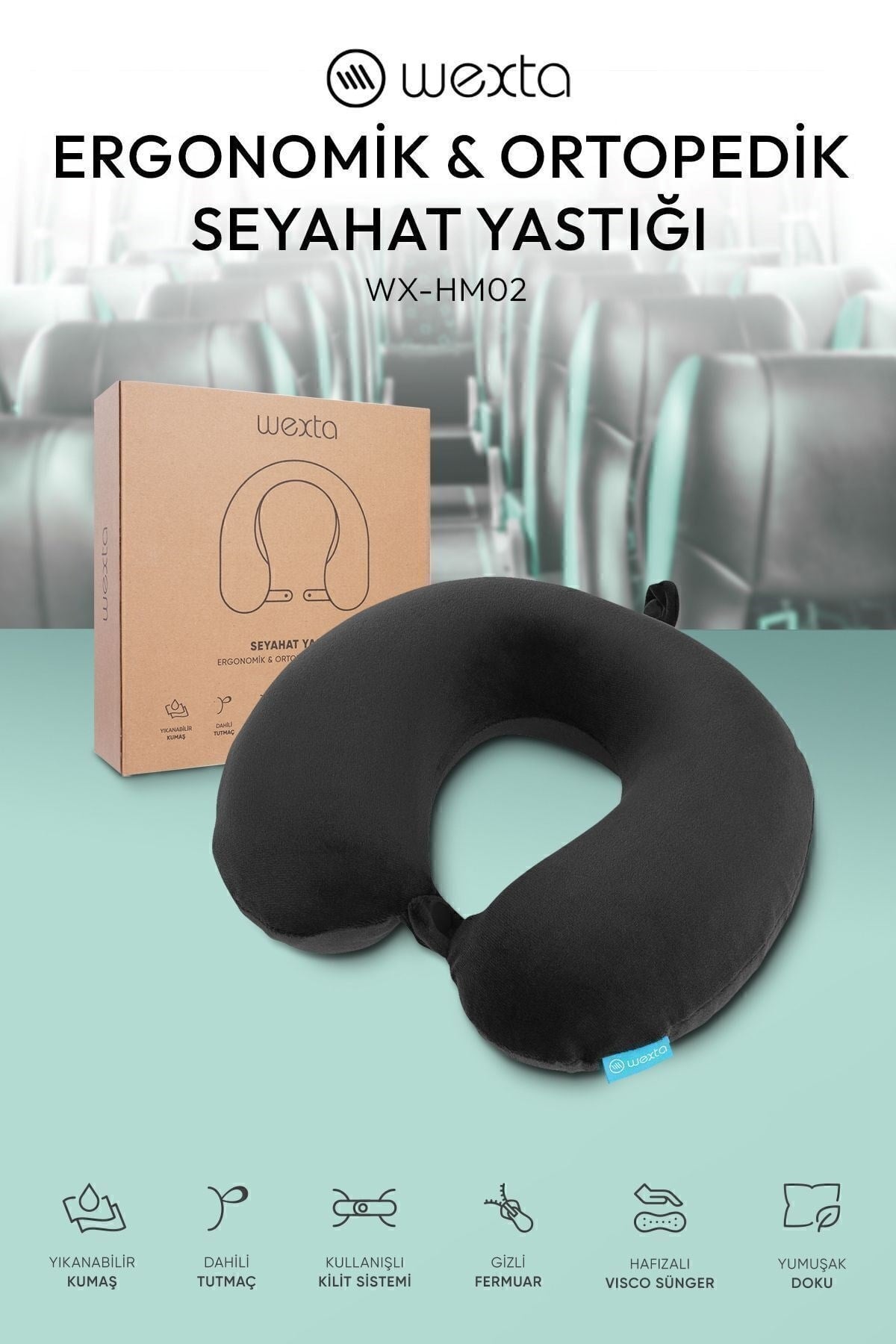 Wexta Seyahat Boyun Yastığı Comfort Ortopedik Seyahat Yastığı Visco Siyah