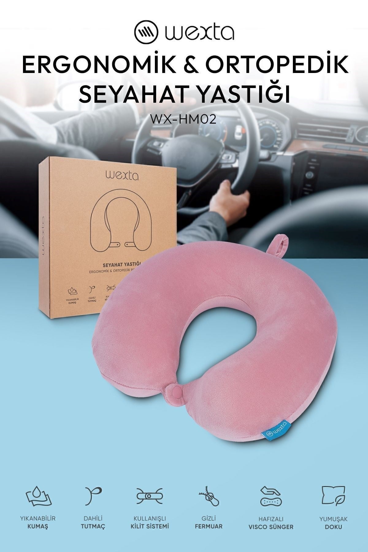 Wexta Seyahat Boyun Yastığı Comfort Ortopedik Seyahat Yastığı Visco Pembe