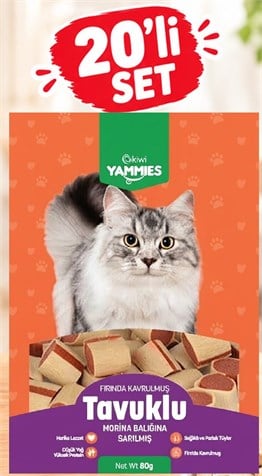Kiwi Pets Kyct-50354 Yammies Tavuklu Morina Balığına Sarılmış Kedi Ödül Maması  80 gr 20Lİ SET
