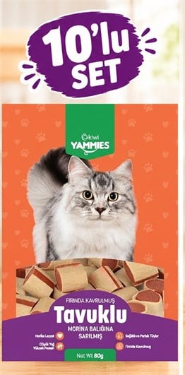 Kiwi Pets Kyct-50354 Yammies Tavuklu Morina Balığına Sarılmış Kedi Ödül Maması  80 gr 10LU SET