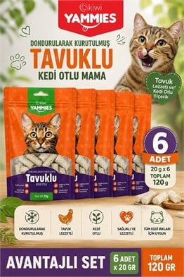 Kiwi Pets Kyct-50355 Yammies Dondurularak Kurutulmuş Tavuklu Kedi Otlu Mama 6*20 G