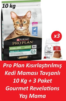 Pro Plan Kısırlaştırılmış Kedi Maması Tavşanlı 10 Kg + 3 Adet Gourmet Sığır Etli Yaş Mama