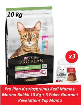 Pro Plan Kısırlaştırılmış Kedi Maması Morina Balıklı 10 Kg + 3 Adet Gourmet Sığır Etli Yaş Mama
