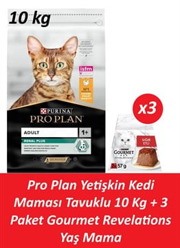 Pro Plan Yetişkin Kedi Maması Tavuklu 10 Kg + 3 Adet Gourmet Sığır Etli Yaş Mama