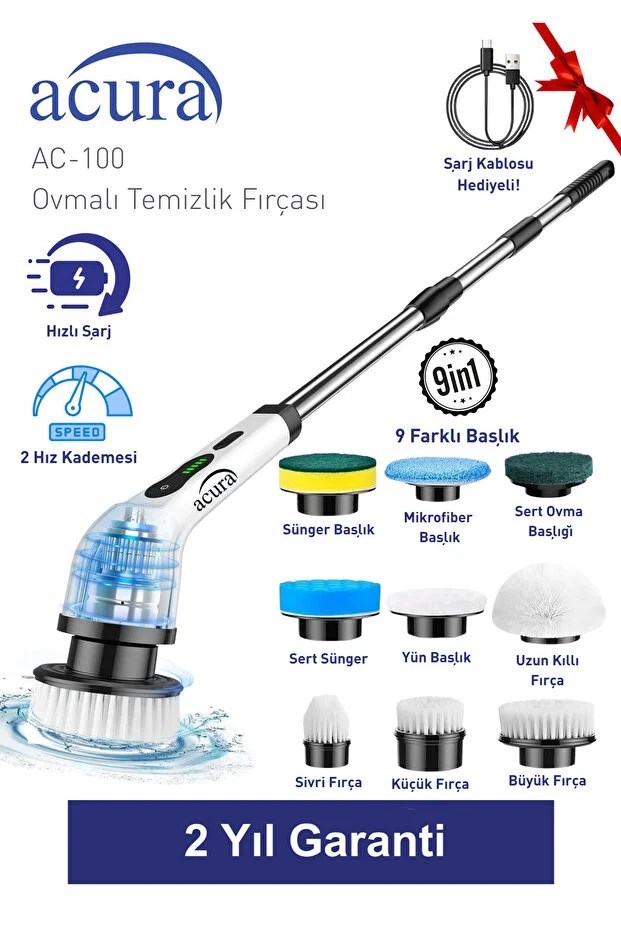 Acura AC-100 SpinScrubber 9 Başlıklı Şarjlı Temizlik Fırçası