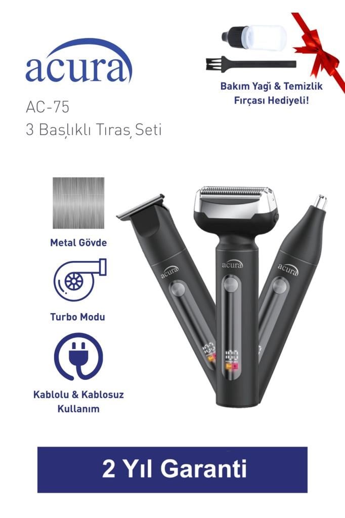 Acura AC-75 3 Başlıklı Metal Gövdeli Tıraş Seti